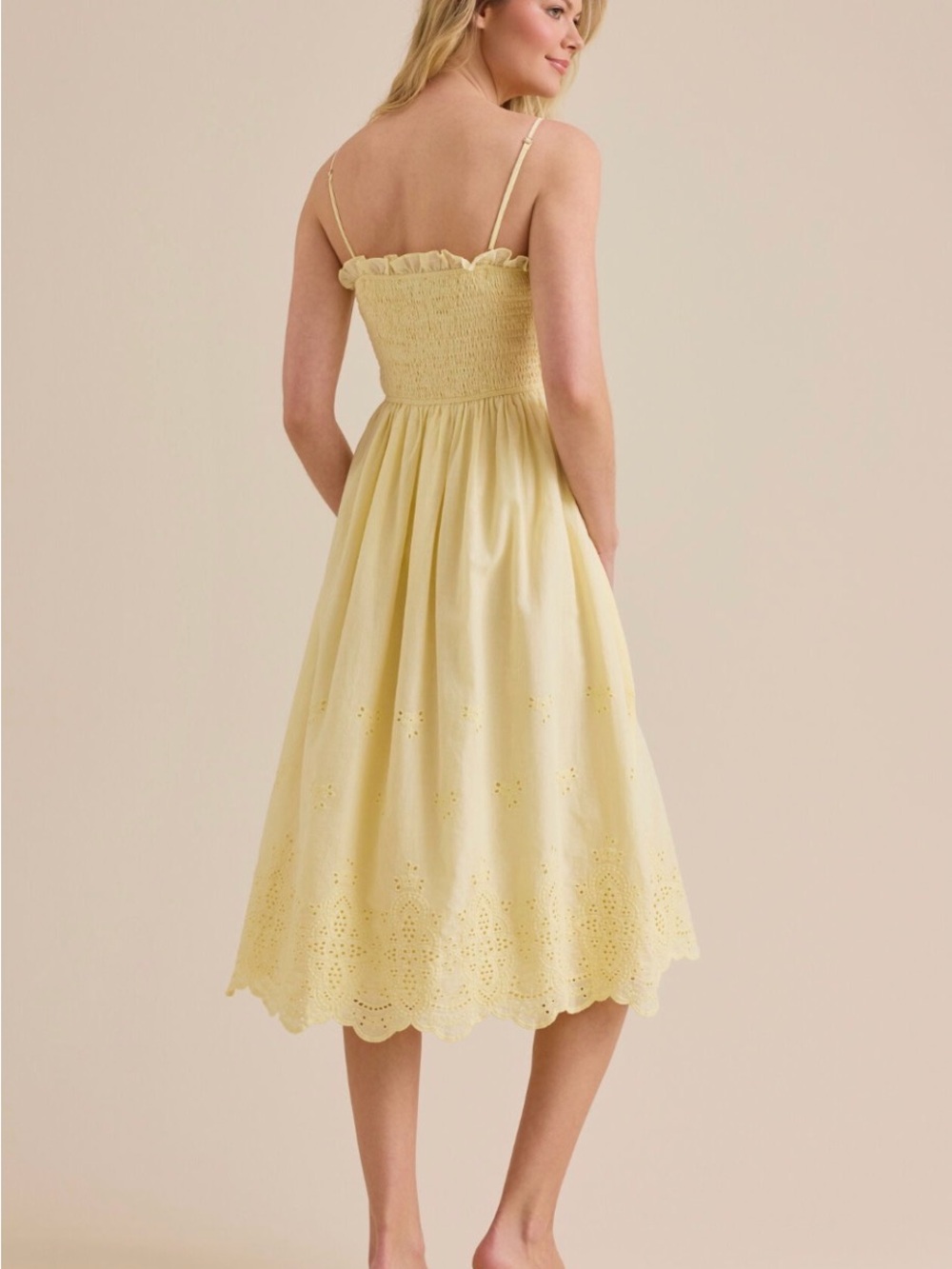 Altar'd State Pale Yellow Eyelet Smocked Midi Dress - Picture 3 of 6